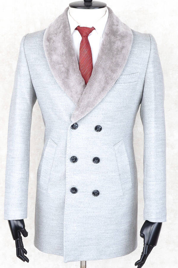 Men's Double-Breasted Slim Fit Light Gray Removable Fur Collar Detail Wool Coat - 3