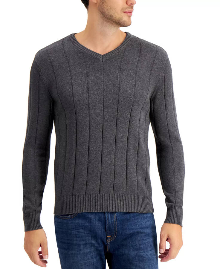 Men's Drop-Needle V-Neck Cotton Sweater, Created for Macy's Charcoal Heather - 1