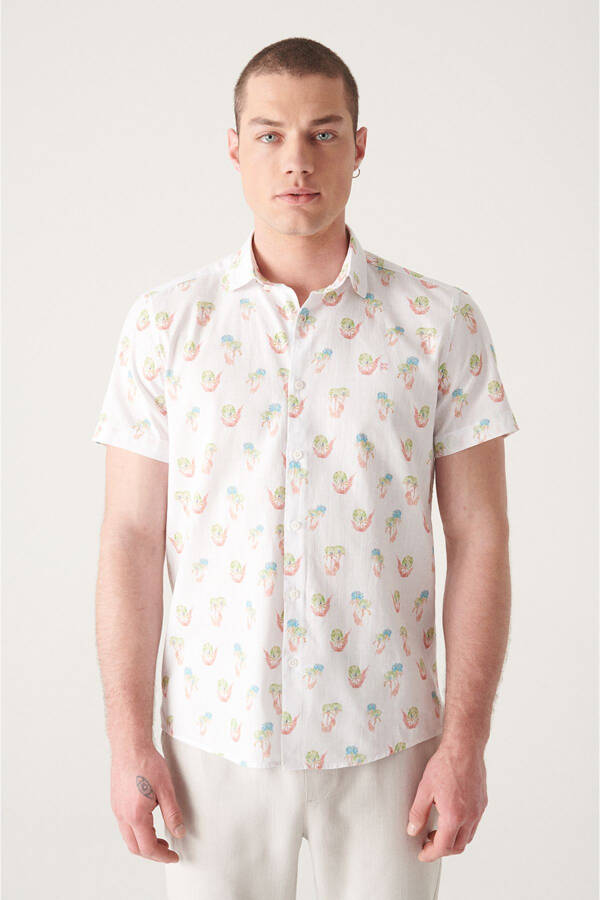 Men's Ecru Printed Short Sleeve Cotton Shirt A21y2093 - 8