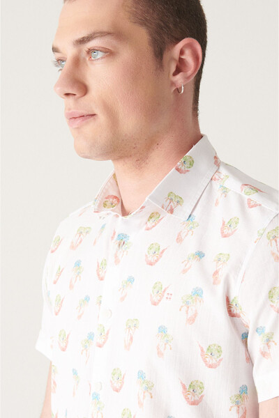 Men's Ecru Printed Short Sleeve Cotton Shirt A21y2093 - 9