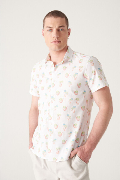 Men's Ecru Printed Short Sleeve Cotton Shirt A21y2093 - 10