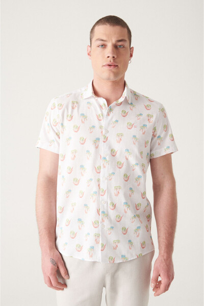 Men's Ecru Printed Short Sleeve Cotton Shirt A21y2093 - 12