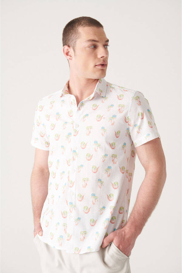 Men's Ecru Printed Short Sleeve Cotton Shirt A21y2093 - 13