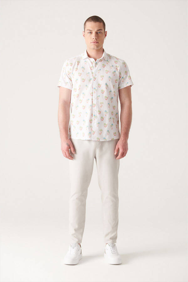 Men's Ecru Printed Short Sleeve Cotton Shirt A21y2093 - 14