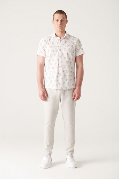 Men's Ecru Printed Short Sleeve Cotton Shirt A21y2093 - 7