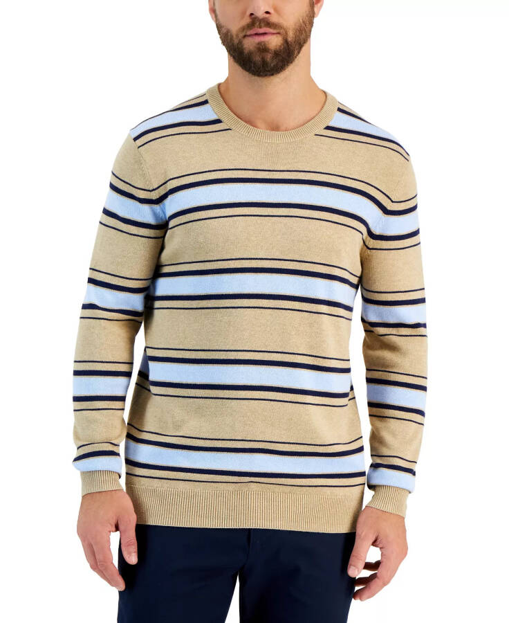 Men's Elevated Striped Long Sleeve Crewneck Sweater, Created for Macy's Toast Heather - 1