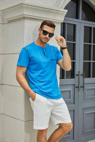 Men's Fashion Henley Shirt Classic Short/Long Sleeve Lightweight Button Cotton T-Shirt Casual Top - 9