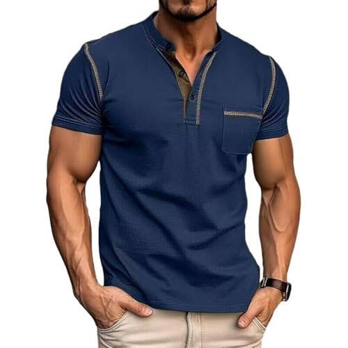 Men's Fashion Henley Shirt Classic Short/Long Sleeve Lightweight Button Cotton T-Shirt Casual Top - 1