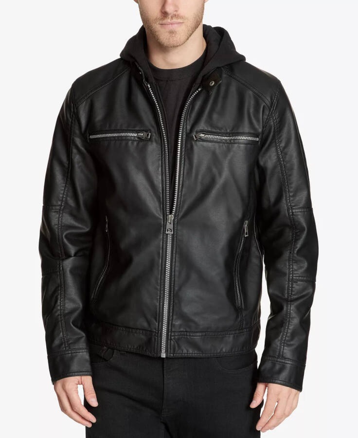 Men's Faux-Leather Detachable-Hood Motorcycle Jacket Black - 1