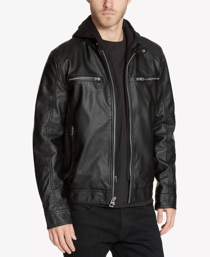 Men's Faux-Leather Detachable-Hood Motorcycle Jacket Black - 2