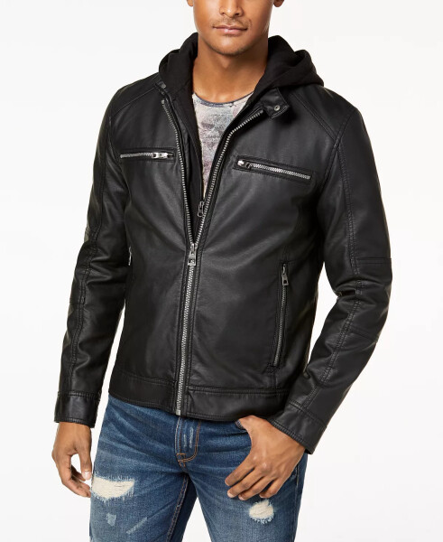 Men's Faux-Leather Detachable-Hood Motorcycle Jacket Black - 3