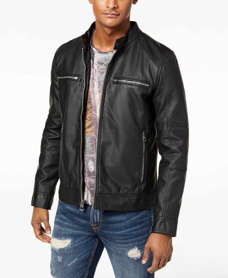 Men's Faux-Leather Detachable-Hood Motorcycle Jacket Black - 6