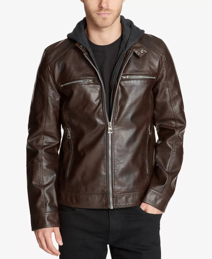 Men's Faux-Leather Detachable-Hood Motorcycle Jacket - Dark Brown - 1