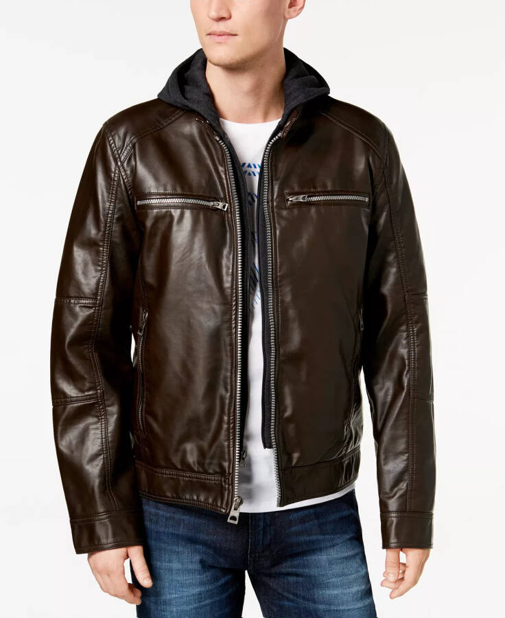 Men's Faux-Leather Detachable-Hood Motorcycle Jacket - Dark Brown - 3