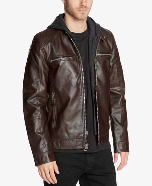 Men's Faux-Leather Detachable-Hood Motorcycle Jacket - Dark Brown - 4