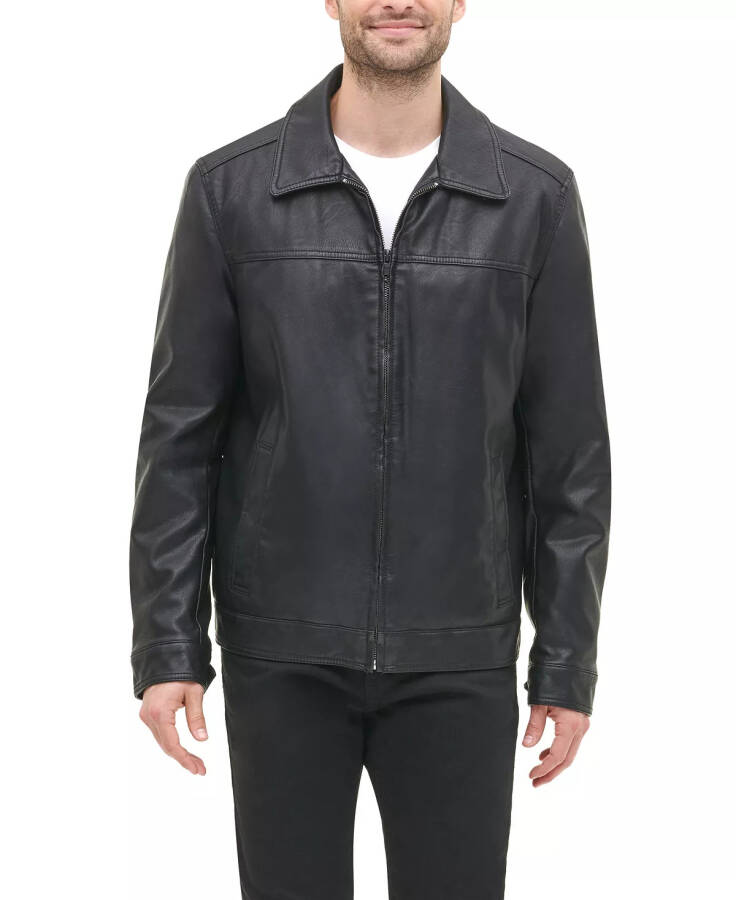 Men's Faux Leather Laydown Collar Jacket Black - 7