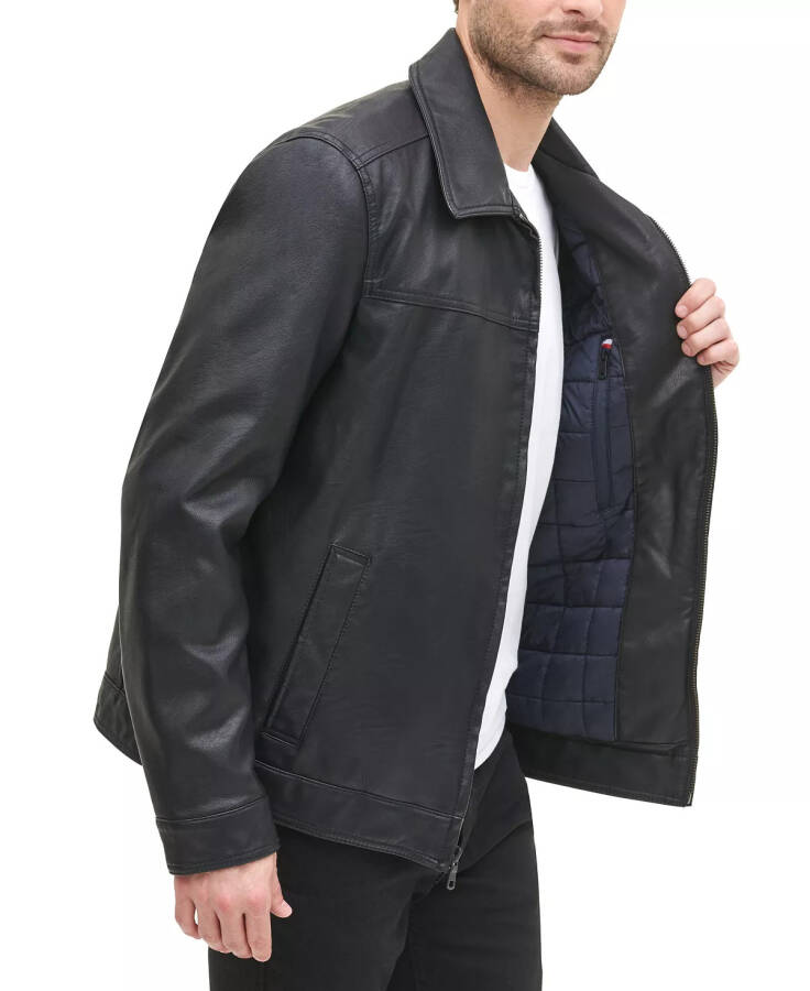 Men's Faux Leather Laydown Collar Jacket Black - 9