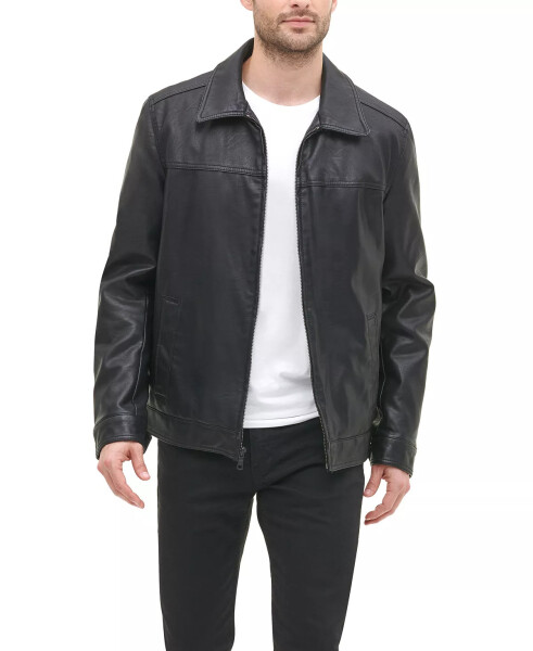 Men's Faux Leather Laydown Collar Jacket Black - 10