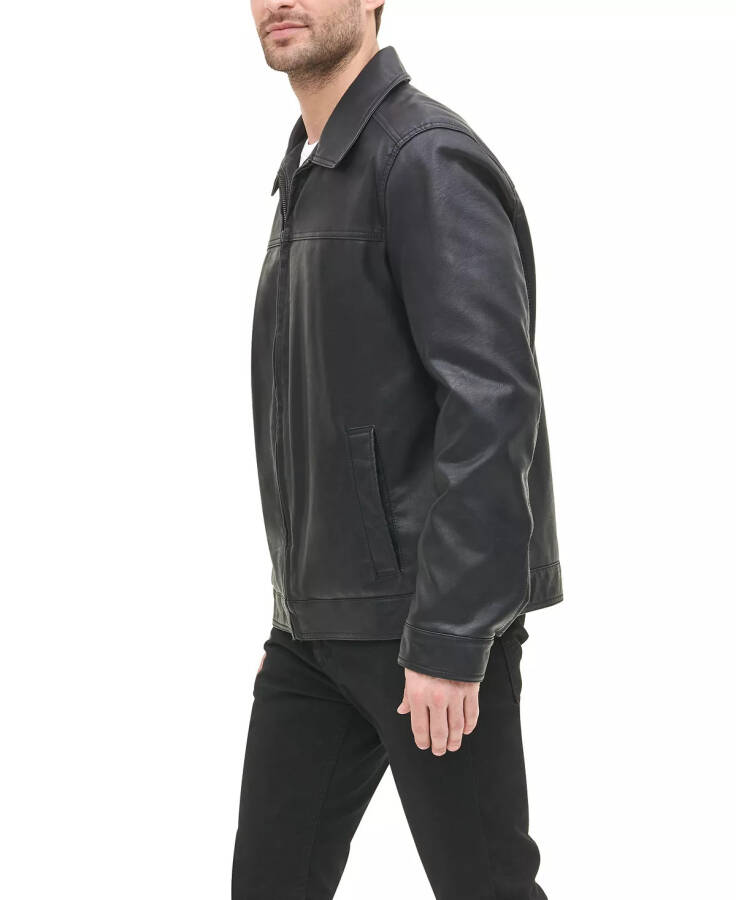 Men's Faux Leather Laydown Collar Jacket Black - 11