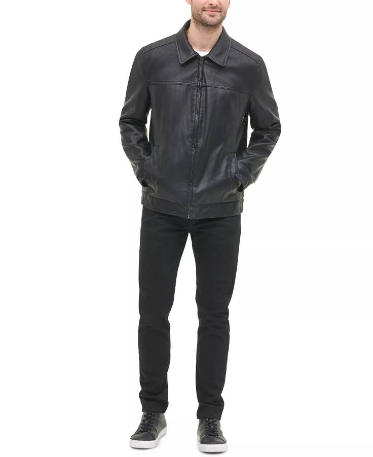 Men's Faux Leather Laydown Collar Jacket Black - 12