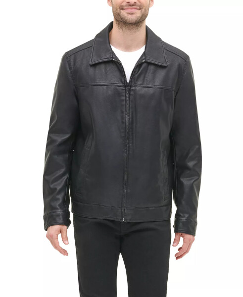 Men's Faux Leather Laydown Collar Jacket Black - 1