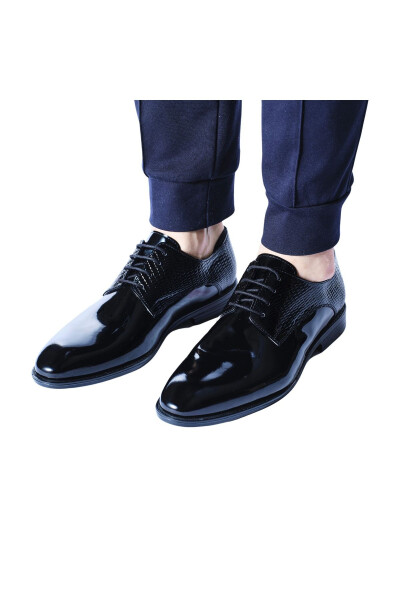 Men's Genuine Leather Black Patent Classic Shoes, Groom Tuxedo Shoes - 29