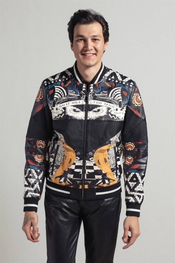 Men's genuine leather jacket with black abstract pattern digital print, fleece lining, zippered waist and sleeves. - 1