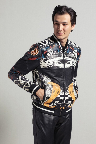 Men's genuine leather jacket with black abstract pattern digital print, fleece lining, zippered waist and sleeves. - 2