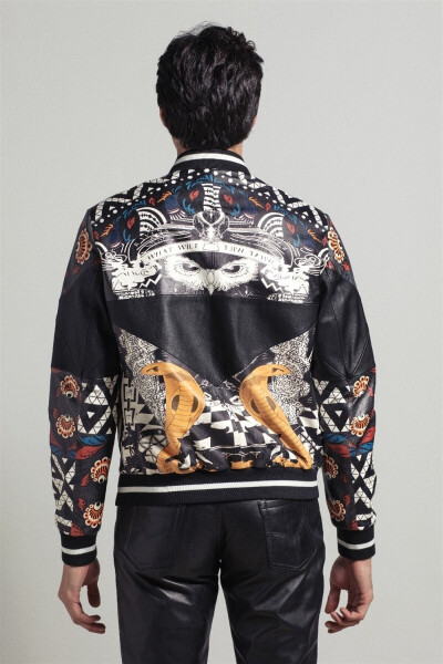 Men's genuine leather jacket with black abstract pattern digital print, fleece lining, zippered waist and sleeves. - 3