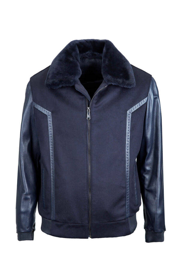 Men's Genuine Leather Navy Blue Leather Jacket - 1