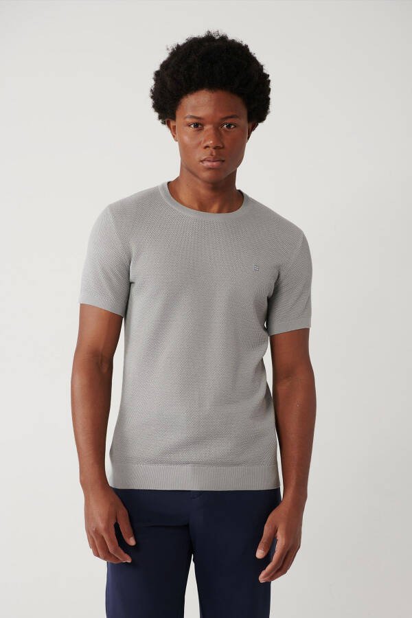 Men's Gray Modal Knit T-Shirt Crew Neck Textured Ribbed Regular Fit B005010 - 6