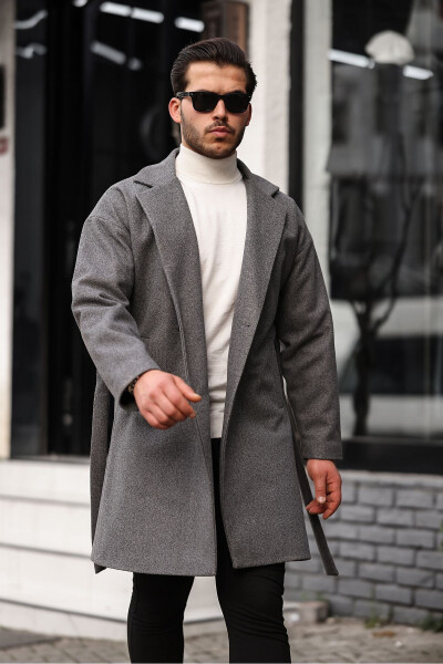 Men's Gray Oversized Relaxed Fit Belted Wool Coat - 4