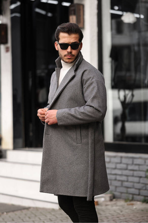 Men's Gray Oversized Relaxed Fit Belted Wool Coat - 5