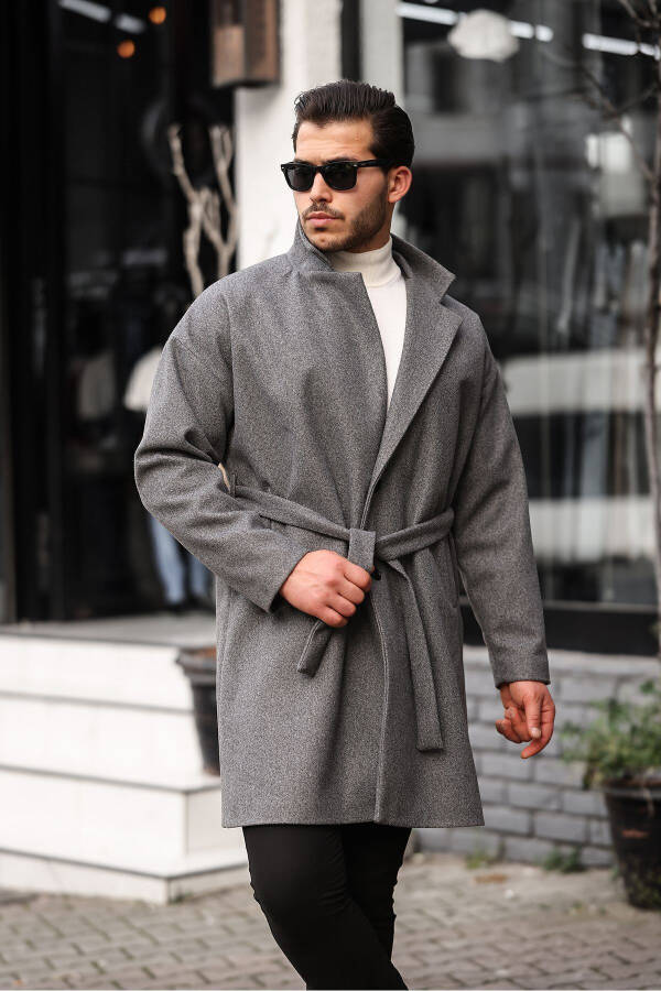 Men's Gray Oversized Relaxed Fit Belted Wool Coat - 3