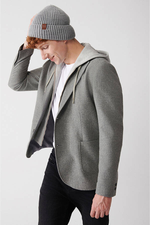 Men's gray wool jacket, single breasted, detachable hood, slim fit. - 1