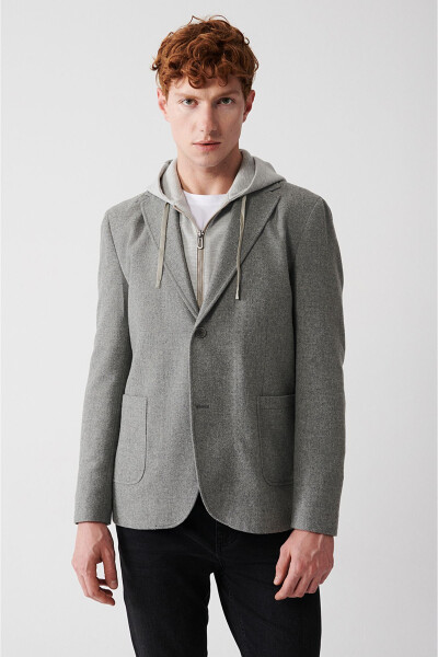 Men's gray wool jacket, single breasted, detachable hood, slim fit. - 3