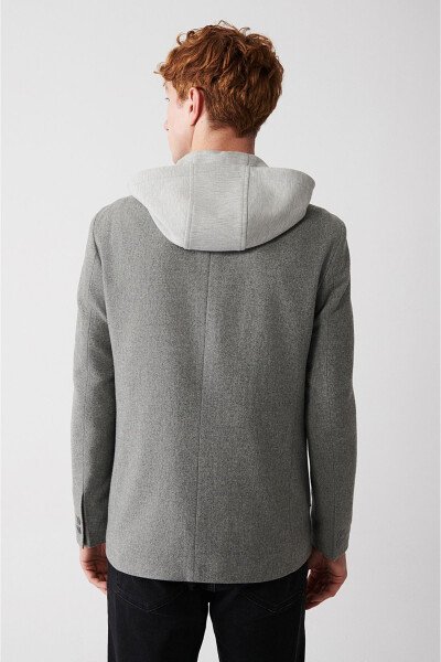 Men's gray wool jacket, single breasted, detachable hood, slim fit. - 4