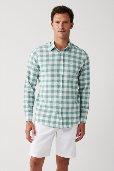 Men's Green Easy-Iron Button-Down Plaid Lycra Cotton Regular Fit Shirt - 8