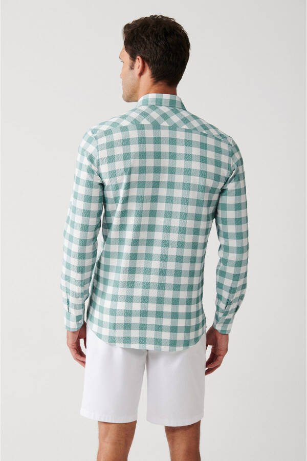 Men's Green Easy-Iron Button-Down Plaid Lycra Cotton Regular Fit Shirt - 9