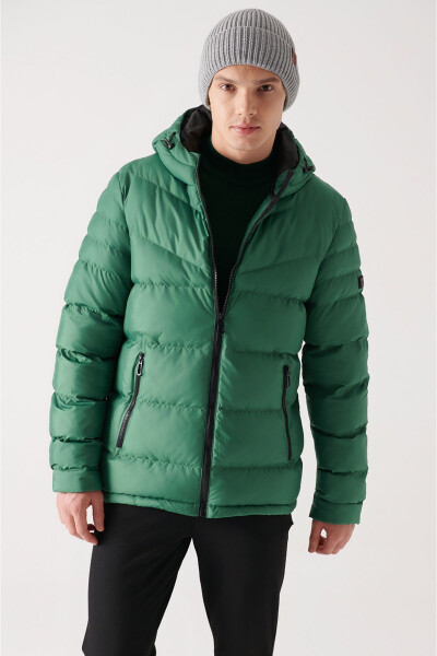 Men's Green Puffer Jacket Water Repellent Windproof Quilted Hooded Comfort Fit E006011 - 1