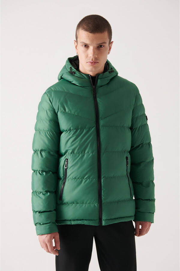 Men's Green Puffer Jacket Water Repellent Windproof Quilted Hooded Comfort Fit E006011 - 3