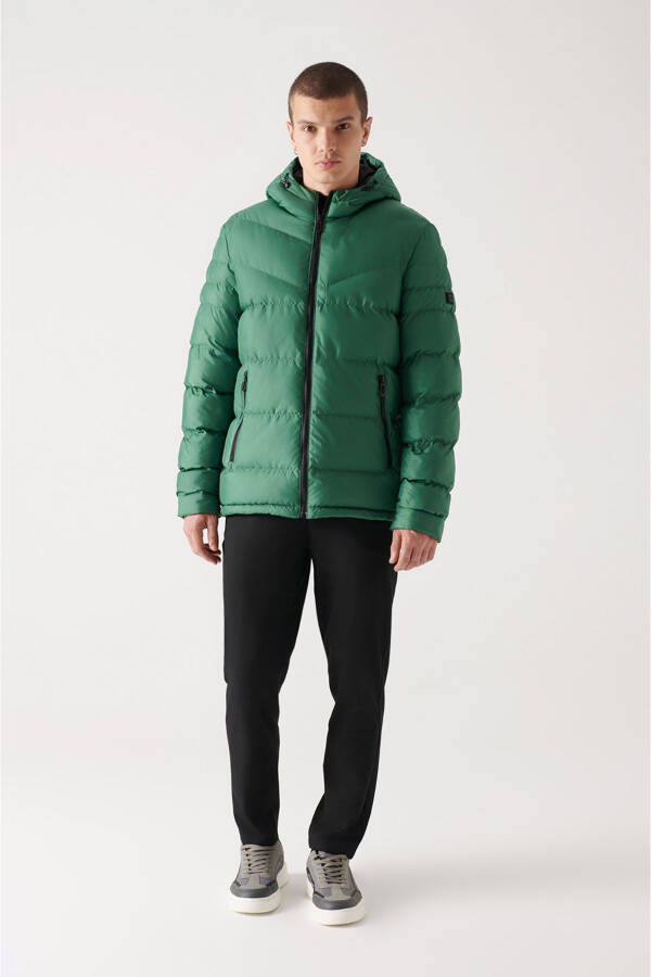 Men's Green Puffer Jacket Water Repellent Windproof Quilted Hooded Comfort Fit E006011 - 6