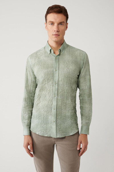 Men's Green Shirt with British Collar Cotton Waffle Regular Fit A41y2157 - 6