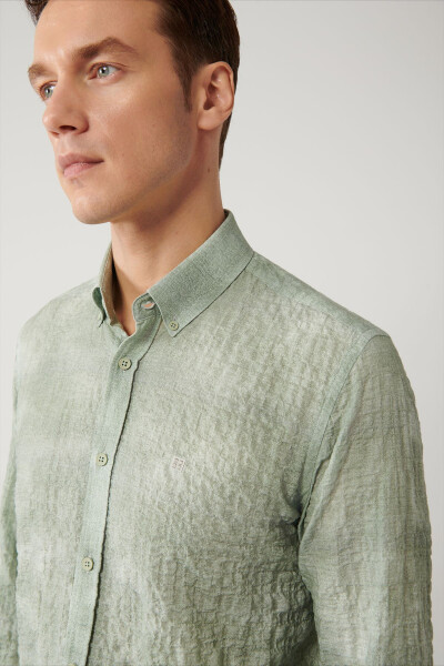 Men's Green Shirt with British Collar Cotton Waffle Regular Fit A41y2157 - 7