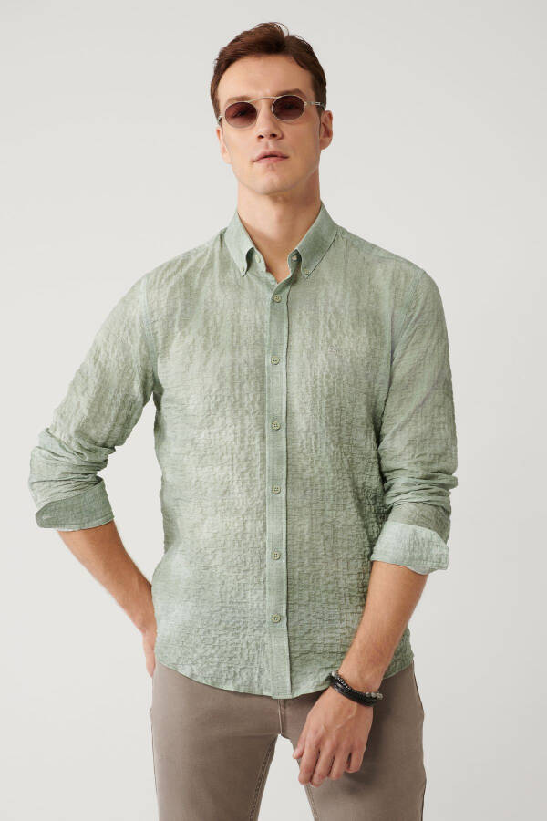 Men's Green Shirt with British Collar Cotton Waffle Regular Fit A41y2157 - 8