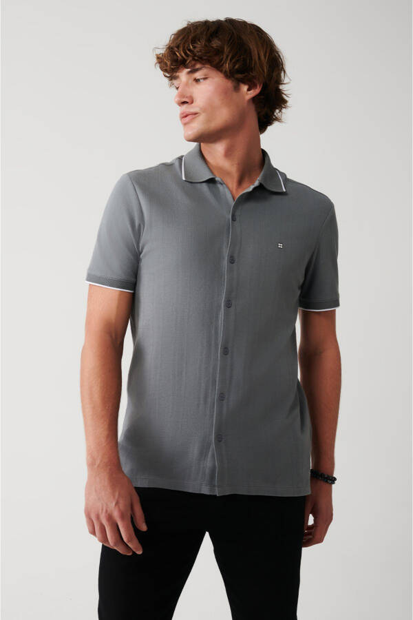 Men's Grey 100% Cotton Ribbed Jacquard Short Sleeve Knit Regular Fit Shirt A31y2239 - 11