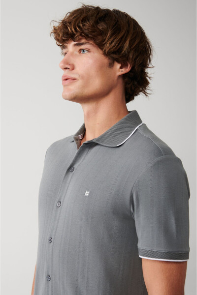 Men's Grey 100% Cotton Ribbed Jacquard Short Sleeve Knit Regular Fit Shirt A31y2239 - 12