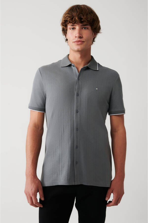 Men's Grey 100% Cotton Ribbed Jacquard Short Sleeve Knit Regular Fit Shirt A31y2239 - 13