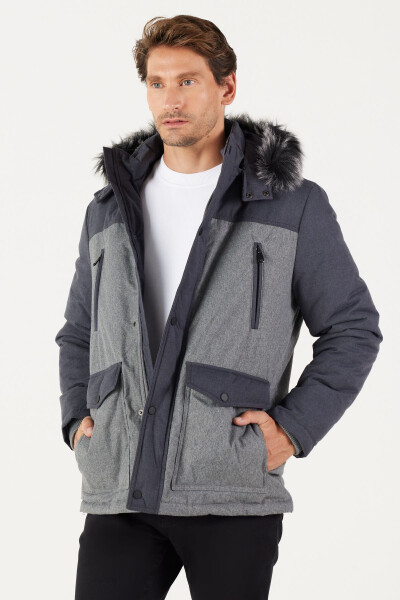 Men's Grey-anthracite Standard Fit Regular Fit Hooded Patterned Coat - 1