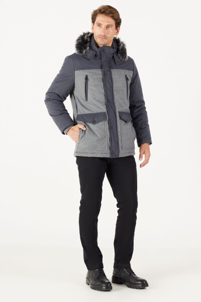 Men's Grey-anthracite Standard Fit Regular Fit Hooded Patterned Coat - 5